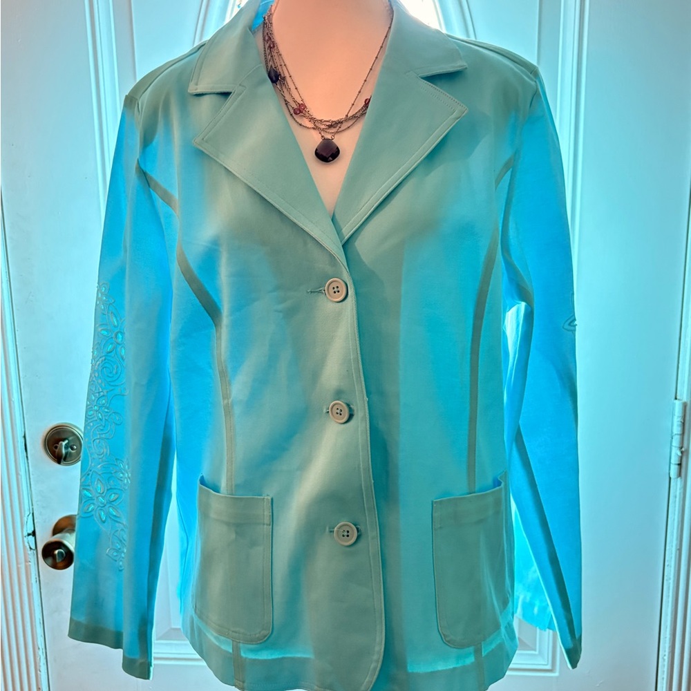 Susan Graver cotton Aqua Embroidered Blazer with pockets
